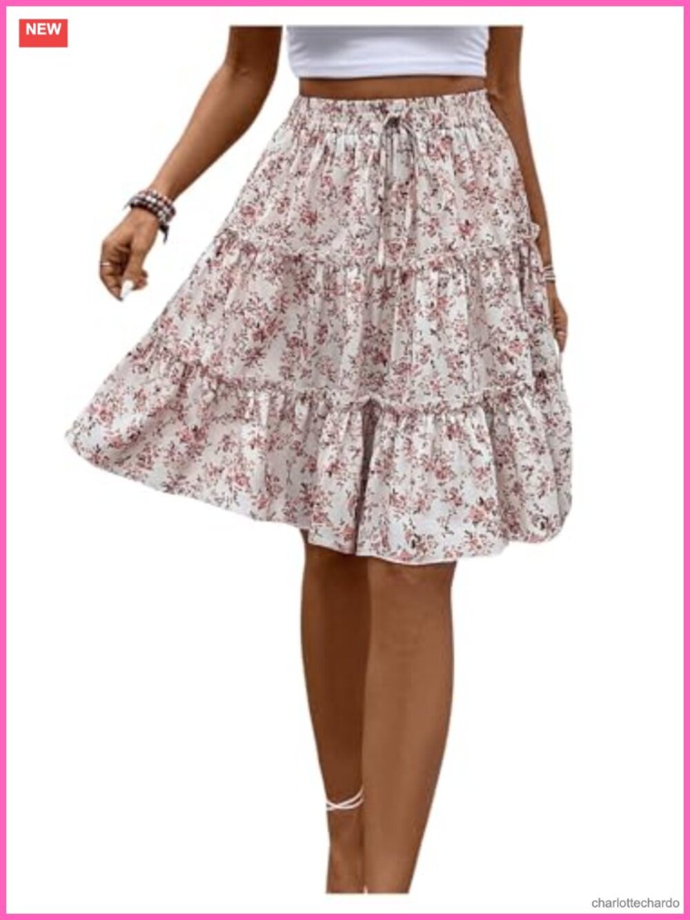 Floral Boho Ruffle Knee Length Summer Skirt Elastic High Waist Tiered Flared